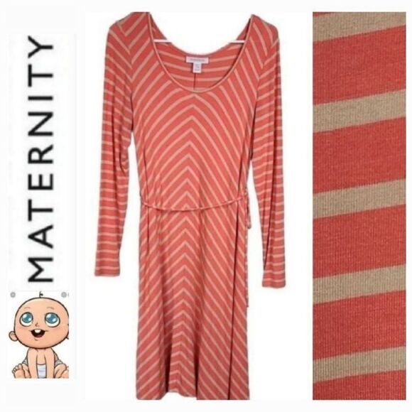 Motherhood Maternity Coral Tan Chevron Long Sleeve Stretchy Knit Swing Dress SM - Picture 1 of 8